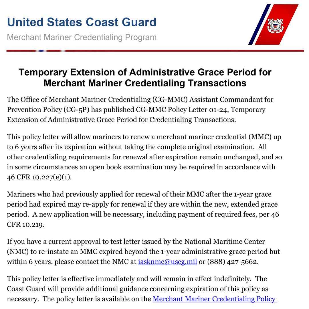 Temporary Extension of Administrative Grace Period for Merchant Mariner Credentialing Program